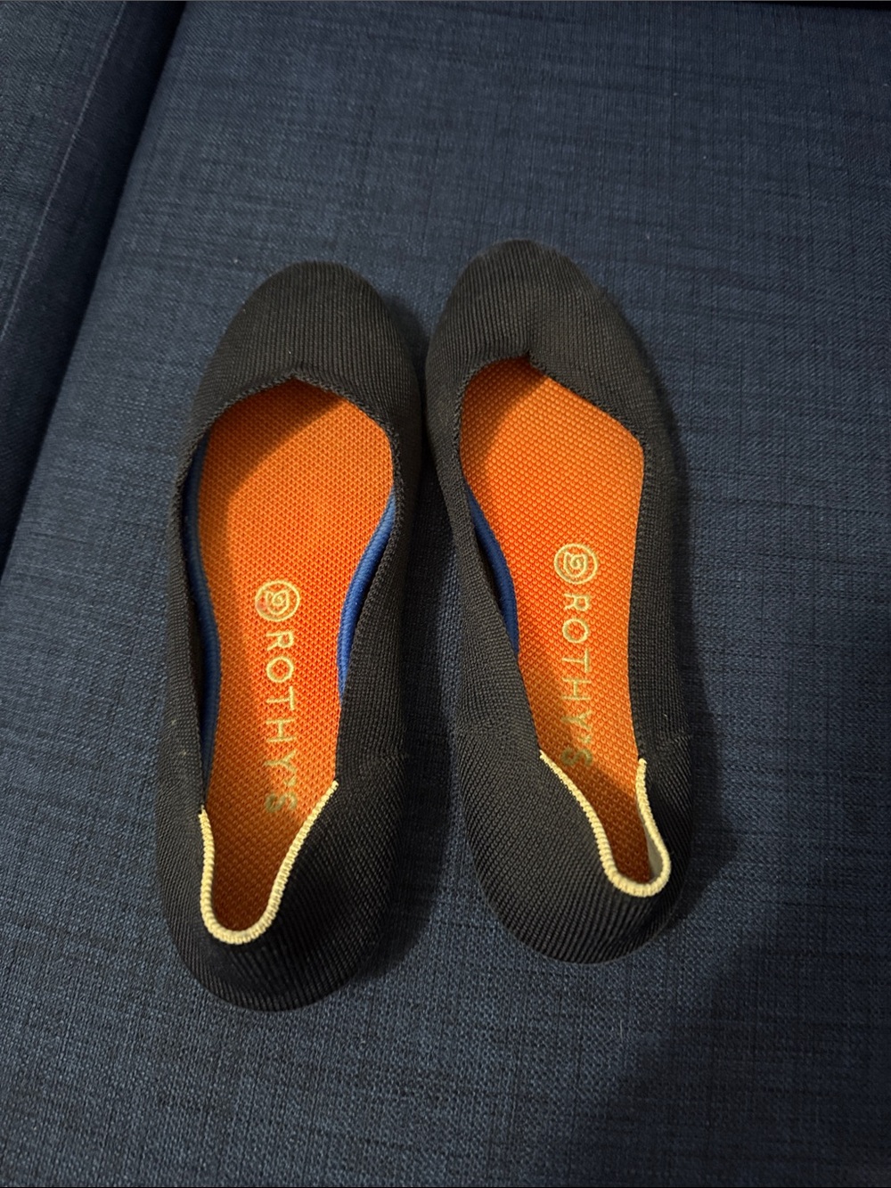 Rothy's Navy Knit Slip-On Loafers with Orange Insole